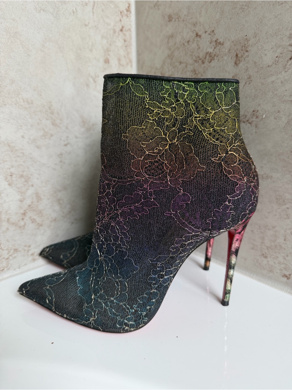 Christian Louboutin Black Multicolor Lace-Embroidered Stiletto Ankle Boots